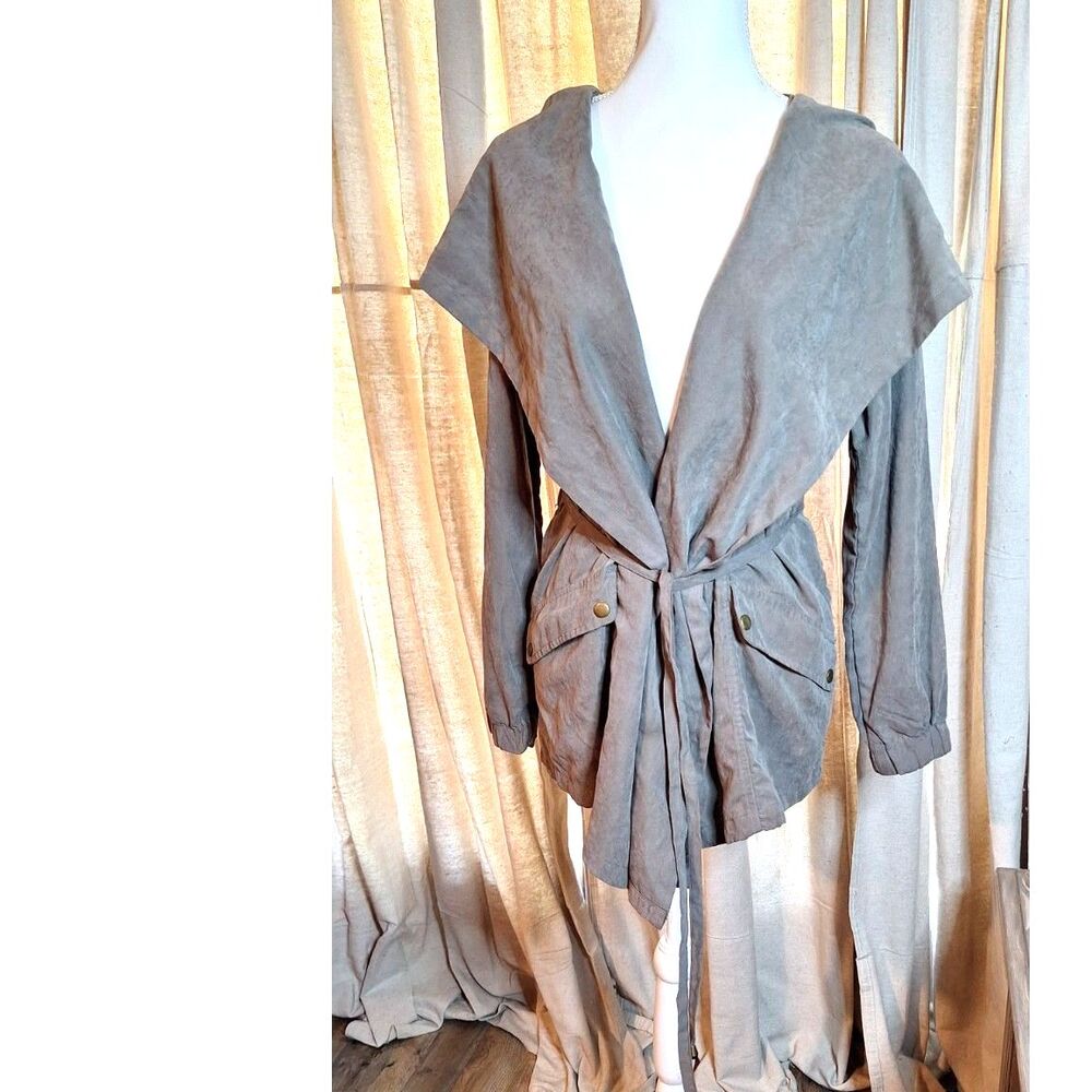 Hyfve Womens Faux Suede Hooded Jacket Olive Green Shawl Collar